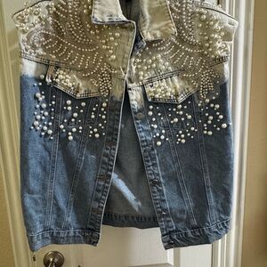Embellished Denim Vest with Pearls